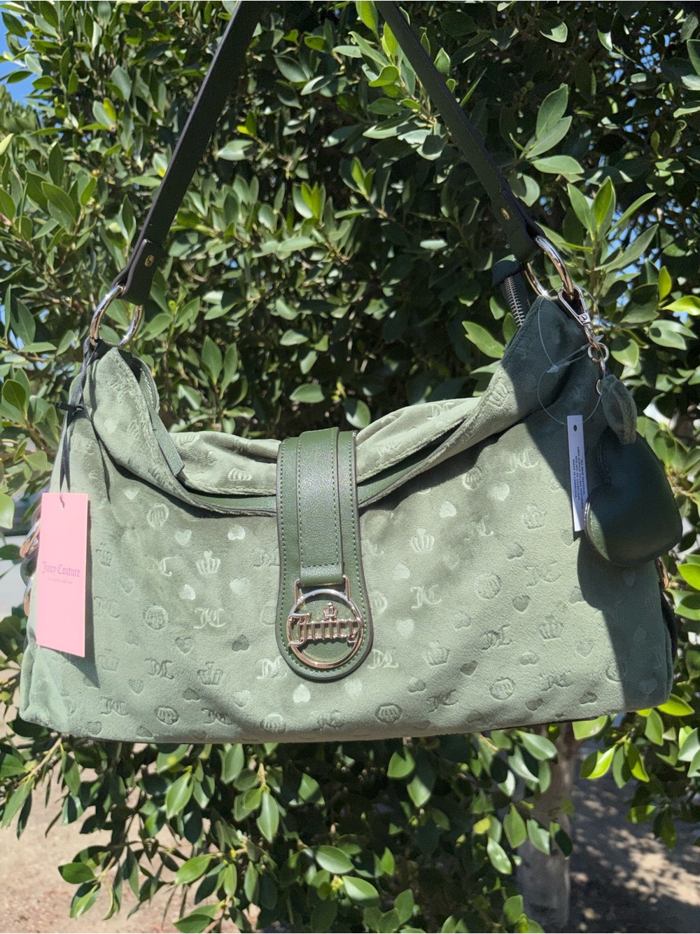 Juicy Couture Olive Green Logo Jacquard Shoulder Bag with Gold Accent
